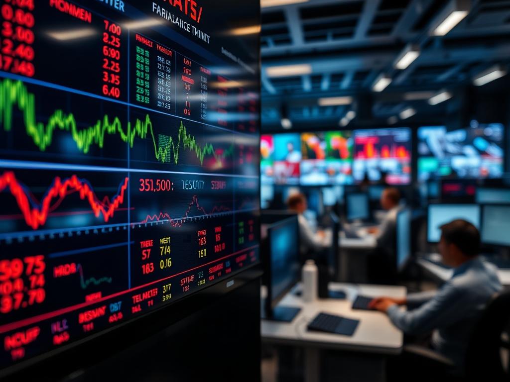 A close-up shot of a digital screen displaying real-time stock quotes and data analytics in a modern trading office, with a blurred background of traders working on computers. The image should emphasize clarity, showcasing vibrant graphics and numerical data, capturing the essence of fast-paced financial trading.
