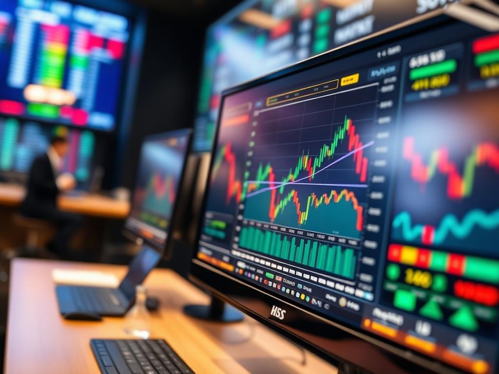 A focused shot of a trading screen displaying options strategy recommendations with graphs and indicators, set in a sleek, modern trading room. The screen should be vibrant, showcasing colorful graphs and annotations, while the background is a soft blur of trading activity.