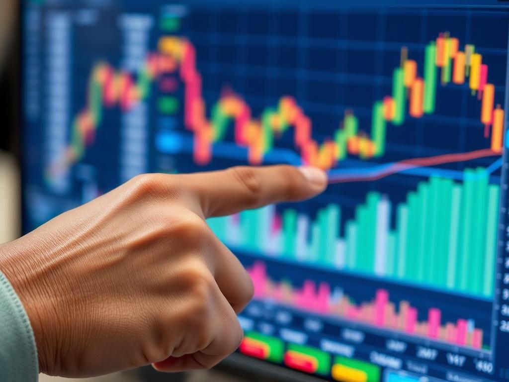 A hyper-realistic close-up of a financial analyst's hand pointing at a detailed chart on a computer screen, showing historical stock data and trends. The background should be slightly blurred, focusing on the screen's vibrant colors and intricate data points, conveying a professional trading environment.