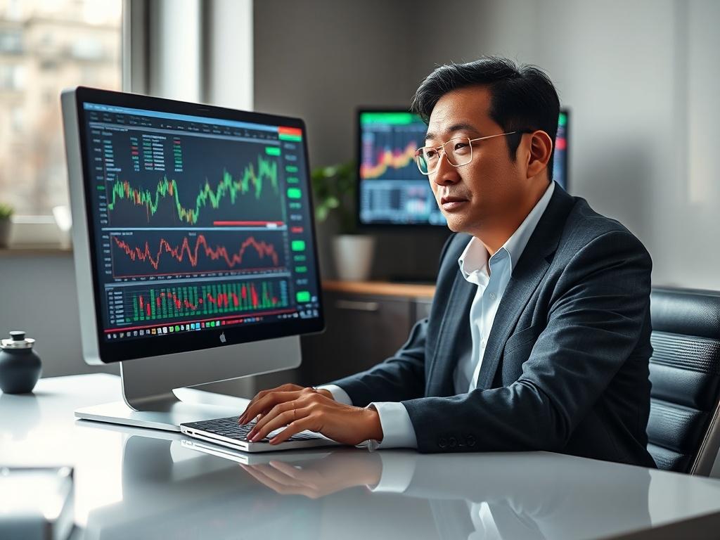 **AI Image Generation Prompt:**

Create a hyper-realistic high-resolution photo that visually embodies the theme "Unlocking the Power of Real-Time Market Data." The image should depict a focused, professional trader sitting at a modern, sleek desk. The subject, a middle-aged person of Asian descent, is intently analyzing live market data on a sophisticated digital screen that displays vibrant, colorful stock charts, line graphs, and real-time price quotes. 

The trader should be wearing smart-casual attire,