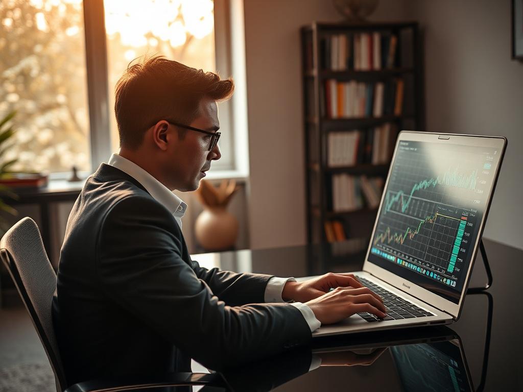 Create a hyper-realistic high-resolution image that captures the essence of a blog titled "Maximizing Returns with AI-Powered Options Strategies." The composition should feature a single compelling subject: a focused trader sitting at a sleek, modern desk. The trader, a thoughtfully dressed professional (either Caucasian or Asian descent), is intently analyzing data on a high-resolution laptop screen. The screen should display sophisticated charts and graphs, emphasizing AI-driven options strategies.

In th