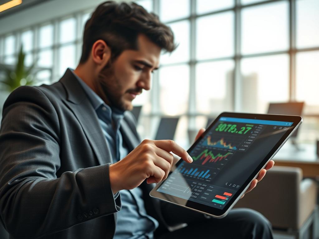 A high-resolution image capturing an options trader analyzing data on a sleek tablet, with dynamic charts and graphs displayed. The setting should be a modern office environment, with the primary color rgb(40, 93, 225) reflected in the tablet's interface.