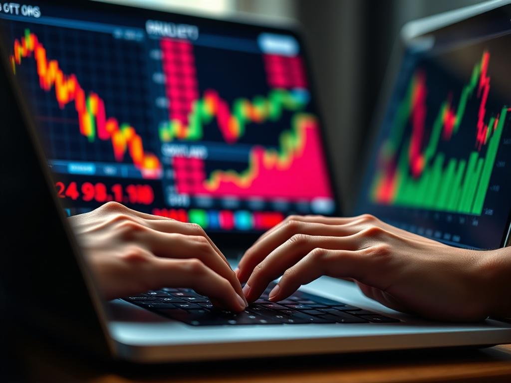 A close-up shot of a financial analyst's hands typing on a laptop, with vibrant stock market graphs displayed on the screen. The background should be softly blurred to emphasize the laptop and hands, while incorporating the primary color rgb(40, 93, 225) subtly in the graph visuals.