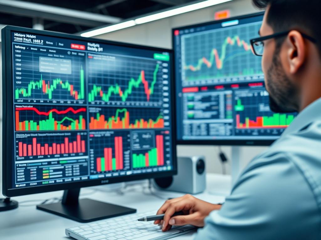 A focused image of a financial analyst studying historical stock data on a large monitor. The screen should display detailed charts and statistics, with a clean and organized workspace in the background, subtly incorporating the primary color rgb(40, 93, 225) in the chart design.