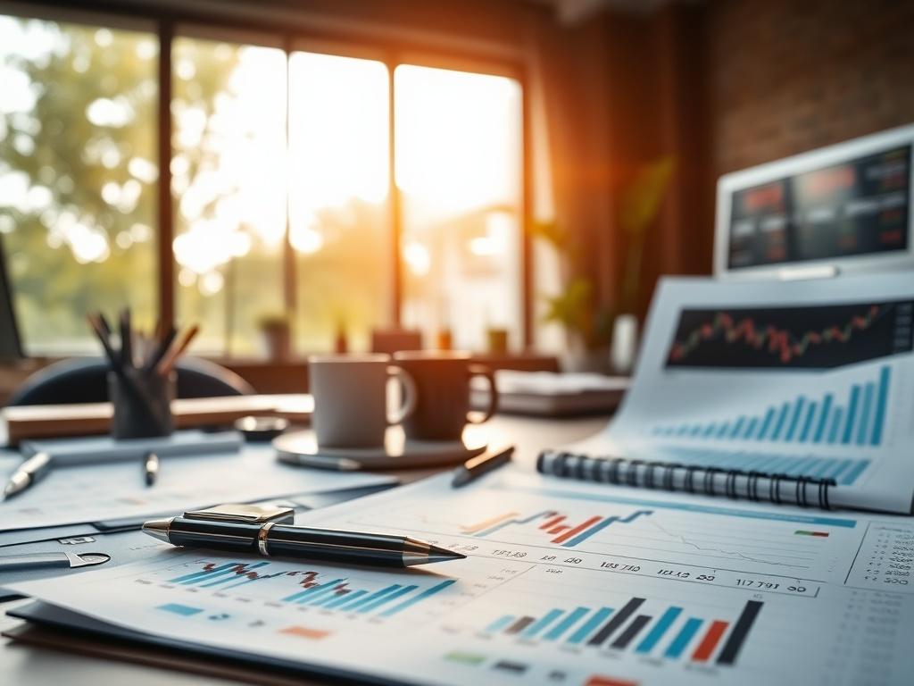 A detailed view of a financial analyst's desk featuring printed charts and graphs that represent historical stock price trends. The background includes a large window with natural light streaming in, illuminating the workspace filled with pens, a calculator, and a coffee mug. The focus should be on the charts, showcasing various data points and trends, emphasizing the analytical aspect of trading. The image should convey a sense of professionalism and thorough analysis within the financial trading environme
