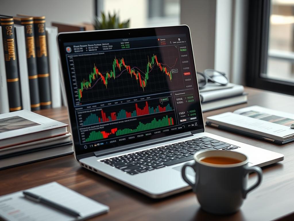 A hyper-realistic close-up of a laptop screen displaying intricate historical stock charts and data analysis. The background should feature a sleek desk setup with financial books and a coffee cup, suggesting a professional trading environment. The focus should be on the laptop screen, emphasizing the detailed graphs and data, captured with a 45mm f/1.2 lens style.