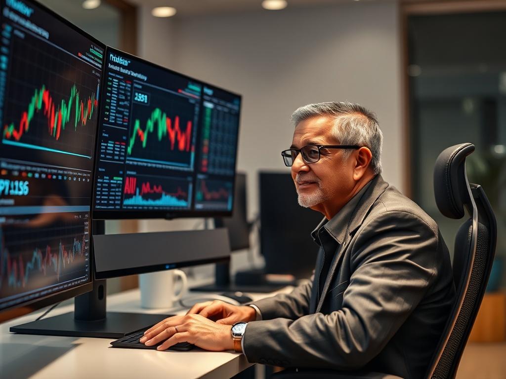 **Prompt for AI Image Generator:**

Create a realistic, high-resolution close-up photograph that embodies the theme "Maximize Your Trading Potential with AI Insights." The composition should be simple and clear, focusing on a single subject: a confident retail trader seated at a modern desk with multiple high-resolution monitors displaying advanced financial data analytics and AI-driven charts. 

The trader should be a middle-aged individual of diverse ethnicity, looking intently at the screens, illuminatin