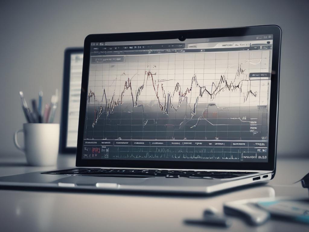 A hyper-realistic close-up shot of a trading chart displayed on a sleek laptop screen. The chart features clear bullish and bearish patterns such as triangles, wedges, flags, and head & shoulders prominently highlighted. The setting is a modern workspace with soft, natural lighting, emphasizing the laptop and the intricate details of the chart. The color palette should complement the RGB(40, 93, 225) primary color, creating an inviting and professional atmosphere.
