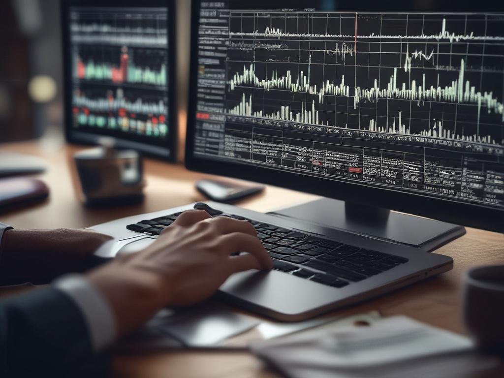 A close-up shot of a trader's hands on a sleek laptop, displaying real-time stock market data on the screen. The environment should be a modern office with soft lighting, emphasizing a focused and professional atmosphere. The laptop screen should show detailed charts and numbers representing market trends, while the background features subtle hints of office decor. The overall image should convey a sense of urgency and connectivity to the financial world.
