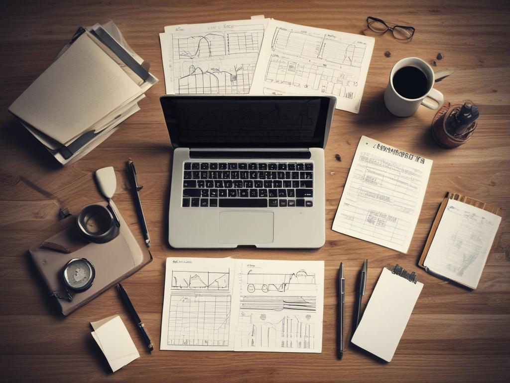 An overhead view of a professional workspace featuring a notebook filled with handwritten notes and graphs, alongside a tablet displaying historical stock data. The background should be a clean, organized desk with a soft-focus effect, highlighting the importance of preparation and analysis in trading. The scene should evoke a sense of diligence and strategic thinking, suitable for a financial professional's environment.