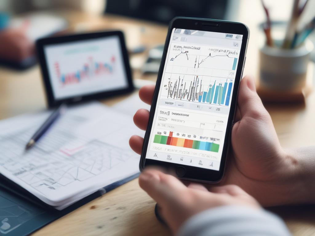 A close-up shot of a smartphone displaying a graph of options trading strategies, held by a trader in a modern office setting. The background should be softly blurred, showcasing a vibrant and professional workspace. The focus should be on the smartphone screen, which displays colorful charts and data points, symbolizing advanced trading insights. The overall image should convey a sense of innovation and technology in the financial markets.