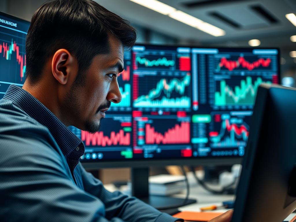 A close-up shot of a financial analyst deeply engrossed in analyzing data on a high-resolution screen, showcasing complex financial graphs and news headlines. The setting should be a sophisticated office with modern decor, conveying professionalism and expertise. The lighting should enhance the clarity of the data displayed, with an emphasis on the analyst's focused expression to reflect the importance of market analysis.