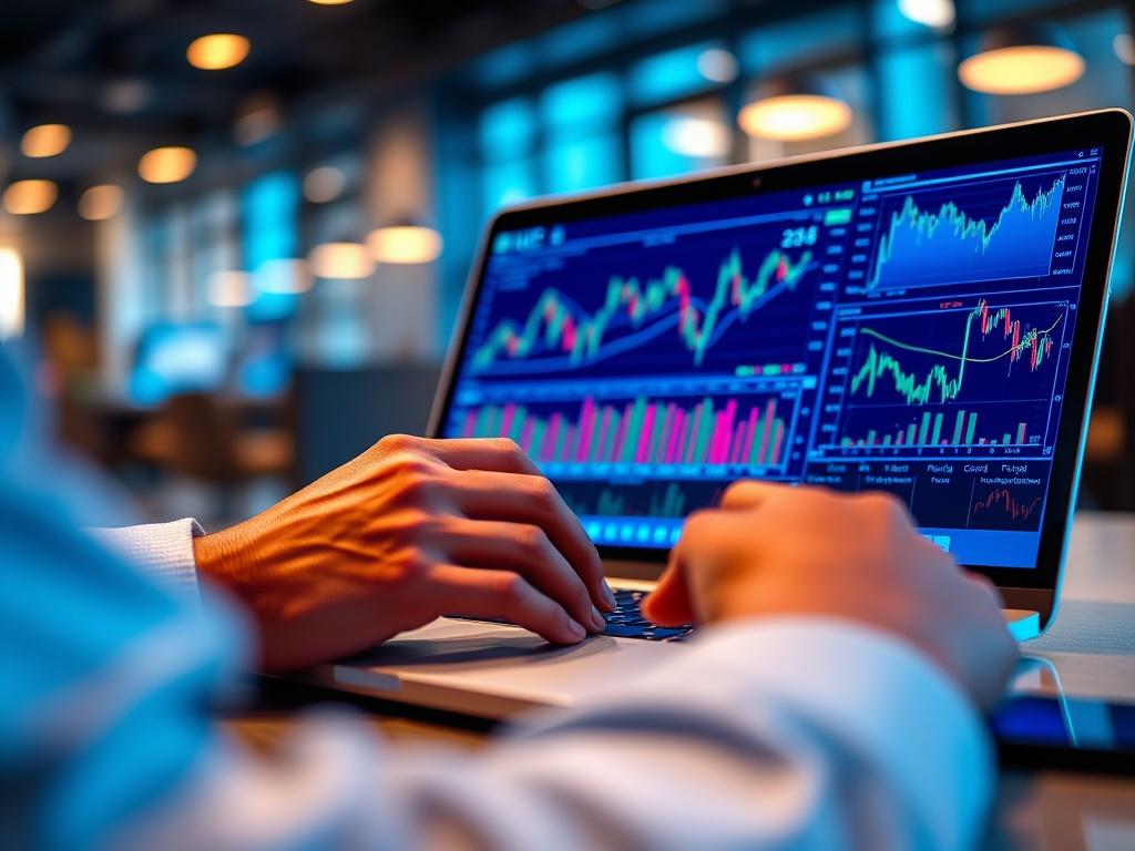 A close-up shot of a person analyzing financial charts on a laptop in a modern office setting, with vibrant blue light reflecting off the screen, showcasing graphs and stock prices. The background should be softly blurred, highlighting the focus on the laptop and the user's engagement with the data. The overall image should evoke a sense of analytical thinking and decision-making in finance.