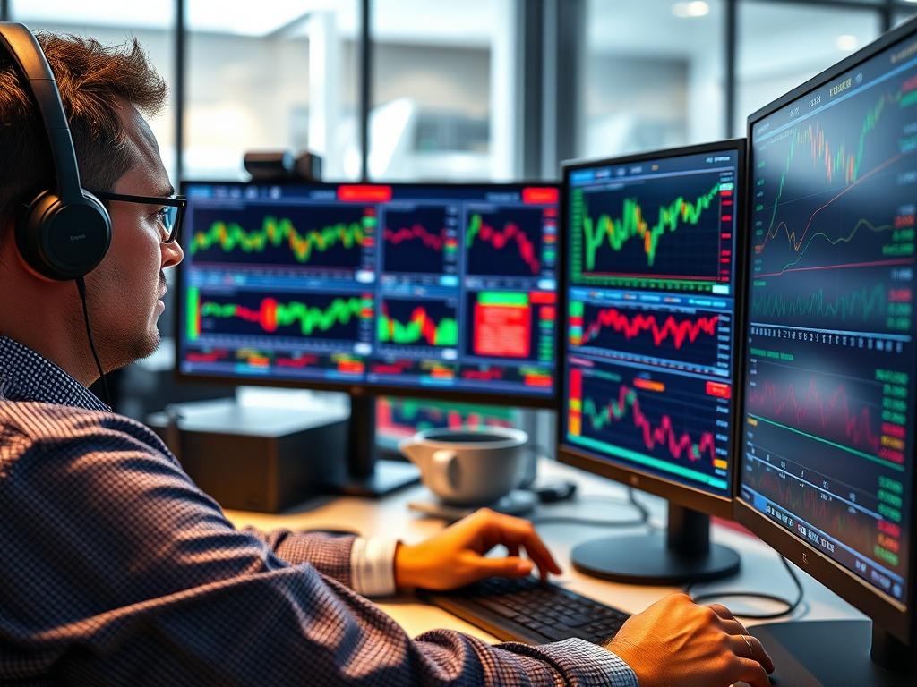 A close-up shot of a professional trader working intently on multiple monitors displaying real-time stock data and options strategies. The vibrant colors of the stock charts and market analytics should pop against a sleek, modern office background. The composition should convey focus, expertise, and the dynamic nature of trading. The lighting should reflect a professional atmosphere, with a hint of excitement in the air.