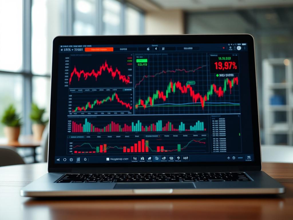 A close-up shot of a laptop displaying real-time stock market data with vibrant graphs and charts, set against a softly blurred modern office background. The focus is on the screen, showcasing detailed market information, with an RGB color tone of rgb(40, 93, 225) subtly included in the design.