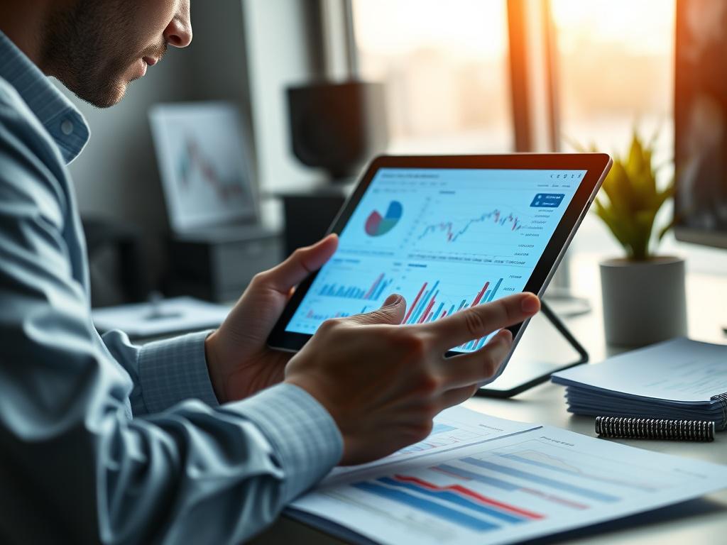 A detailed close-up of a financial analyst studying graphs and charts on a tablet, surrounded by historical data reports, with a modern desk setup in the background. The RGB color theme of rgb(40, 93, 225) is subtly integrated into the screen's visuals.
