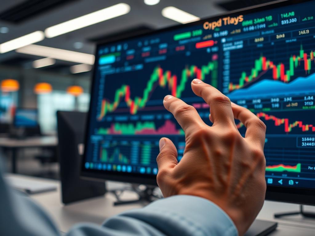 A focused close-up of a trader’s hand adjusting options trading settings on a sophisticated trading platform, with colorful graphs and data displayed on the screen in a sleek, modern office environment. The RGB color rgb(40, 93, 225) is incorporated into the digital interface.