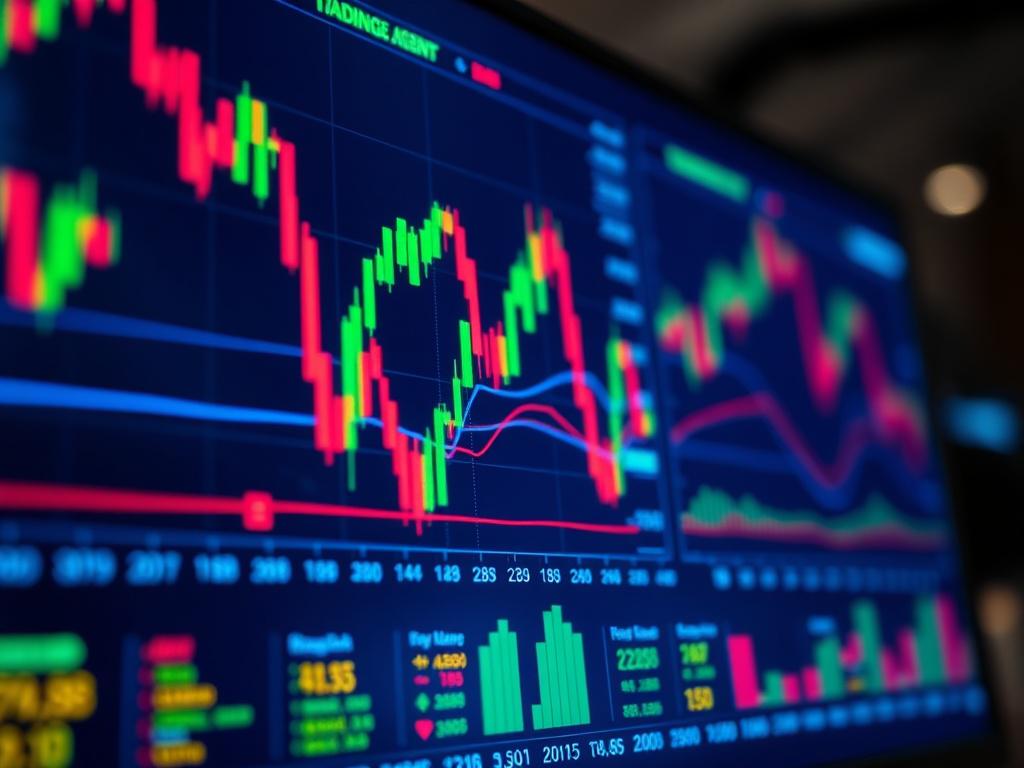 A hyper-realistic close-up shot of a computer screen displaying real-time stock market data, with vibrant graphs and fluctuating prices. The focus is on the screen, showcasing the advanced technology behind TradingAgentAI. The background is softly blurred to emphasize the data, with colors highlighting the company's primary blue shade (rgb(40, 93, 225)). Taken with a 45mm f/1.2 lens.