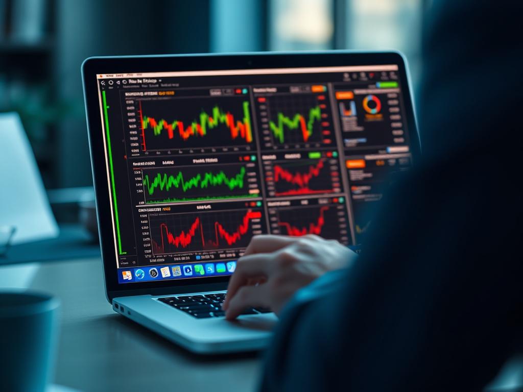 A hyper-realistic close-up shot of a financial professional analyzing options trading strategies on a laptop. The screen displays detailed charts and suggested strategies, with a focus on the laptop. The background is softly blurred, incorporating the primary blue color (rgb(40, 93, 225)). Taken with a 45mm f/1.2 lens.