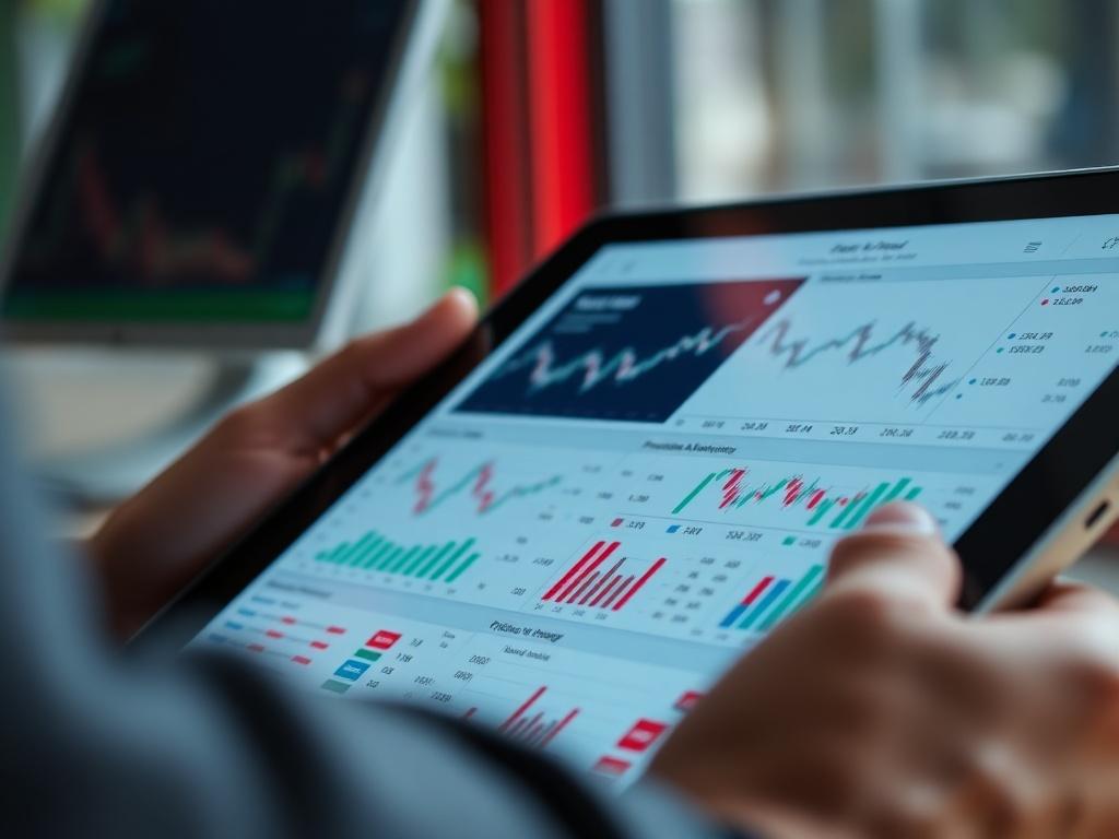 A detailed close-up shot of an options trading strategy report on a digital tablet. The report should display various strategies, graphs, and analytics clearly. The background should be softly blurred to keep the focus on the tablet, with a color palette that includes rgb(40, 93, 225), emphasizing a modern trading environment.