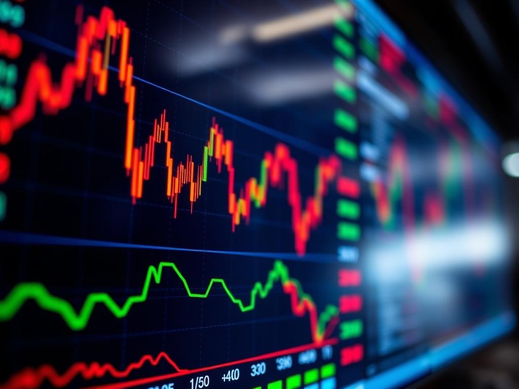 A high-resolution close-up shot of a stock market screen displaying real-time data. The screen should show vibrant stock prices, graphs, and market trends. The focus should be sharp on the screen with a blurred background, emphasizing the dynamic nature of trading. The color scheme should align with rgb(40, 93, 225), creating a professional and engaging atmosphere.