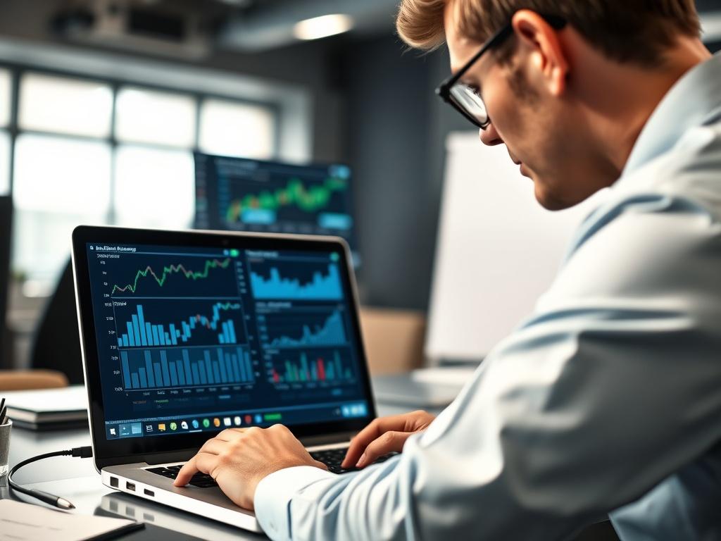 A close-up shot of a financial professional reviewing AI-generated options strategies on a laptop screen, with charts and analytics displayed. The background is an office environment, emphasizing focus and modern technology.