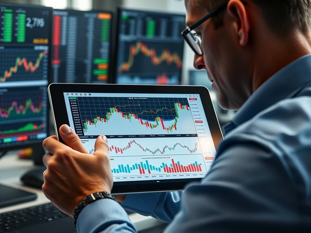 A close-up shot of a trader analyzing historical market charts on a digital tablet, with various graphs and indicators visible. The setting is a modern trading desk, with a focus on the tablet and the trader's concentrated expression.