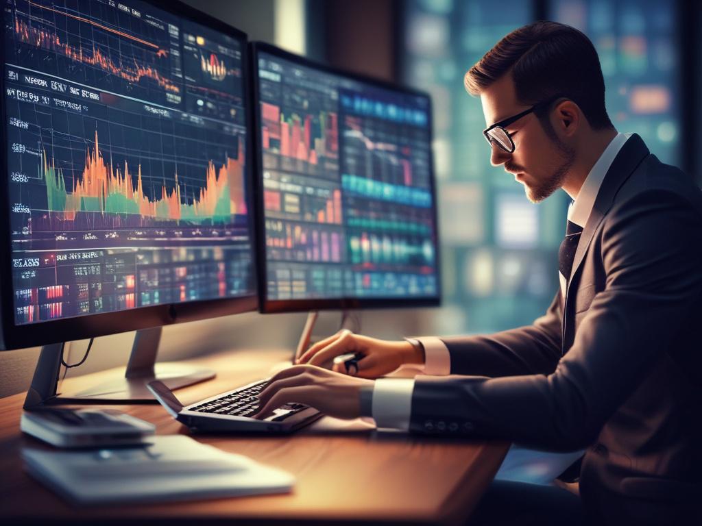 A close-up shot of a modern financial analyst using a sleek laptop displaying a vibrant stock market dashboard. The screen shows real-time stock data, charts, and graphs. The analyst, a diverse individual wearing stylish business attire, is intently focused on the screen, with a look of confidence and determination. The background is softly blurred but suggests a high-tech office environment with subtle hints of advanced technology, emphasizing the cutting-edge nature of financial analysis. The color palett