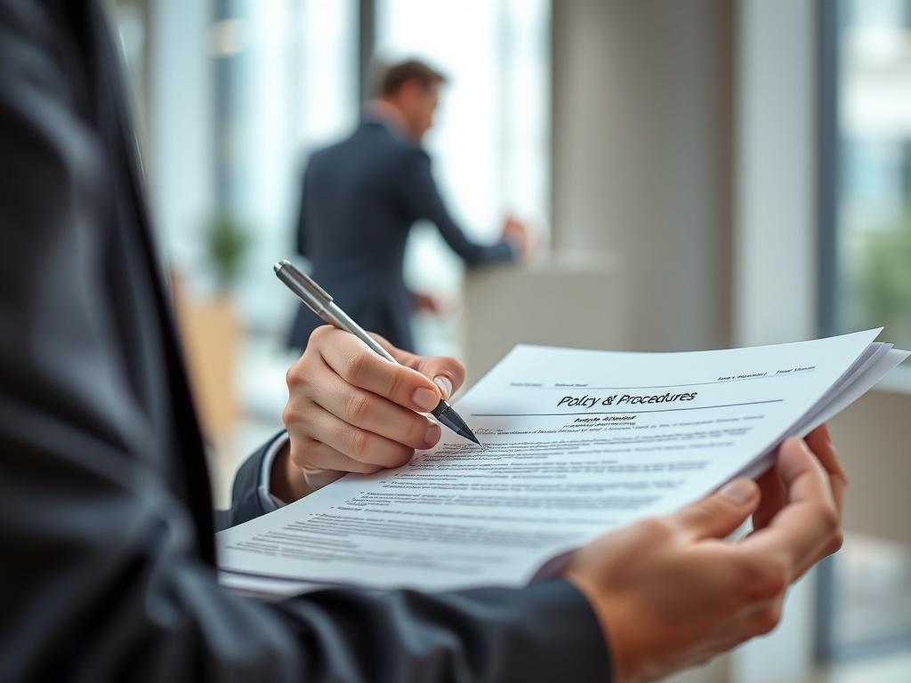 A close-up shot of a professional consultant reviewing a policy and procedures document in a modern office setting. The consultant is focused, with a pen in hand, and the document is open to a page with clearly defined policies. The background is softly blurred, emphasizing the consultant and the document. The lighting is bright and inviting, creating a sense of professionalism and clarity.