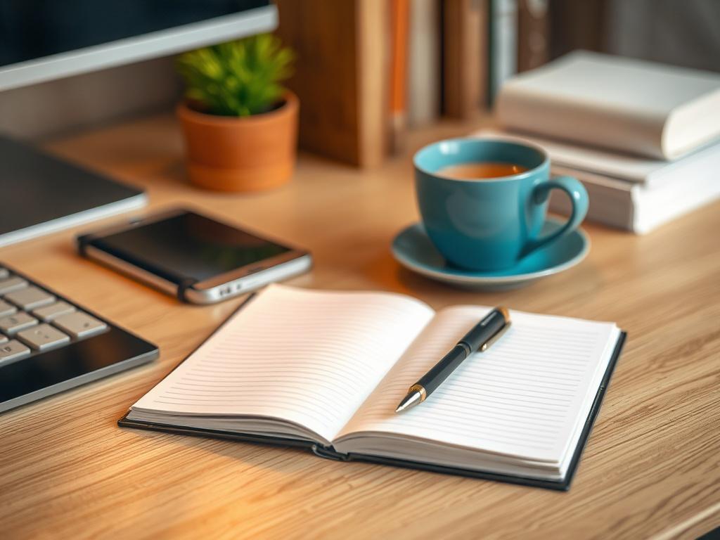 A realistic high-resolution photo of a neatly organized desk with a note pad placed prominently on it. The desk should be made of light wood, with a soft focus background that subtly hints at a cozy, professional office environment. The note pad should be open, displaying blank pages ready for notes, with a stylish pen lying next to it. The image should convey a sense of readiness and creativity, inviting viewers to imagine jotting down ideas or plans. The lighting should be warm and inviting.