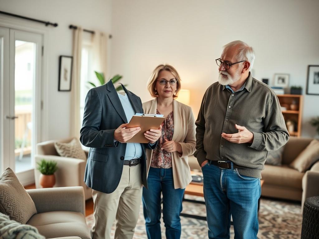 A realistic high-resolution photo of a consultant and a group home owner discussing a property during a walkthrough. The scene should depict the two individuals engaged in conversation, with a focus on a well-lit living area of a group home. The consultant holds a clipboard, while the owner points towards a specific feature in the room. The background should include comfortable furnishings, demonstrating a welcoming environment. The image should capture a close-up shot, shot with a 45mm f/1.2 lens style, wi