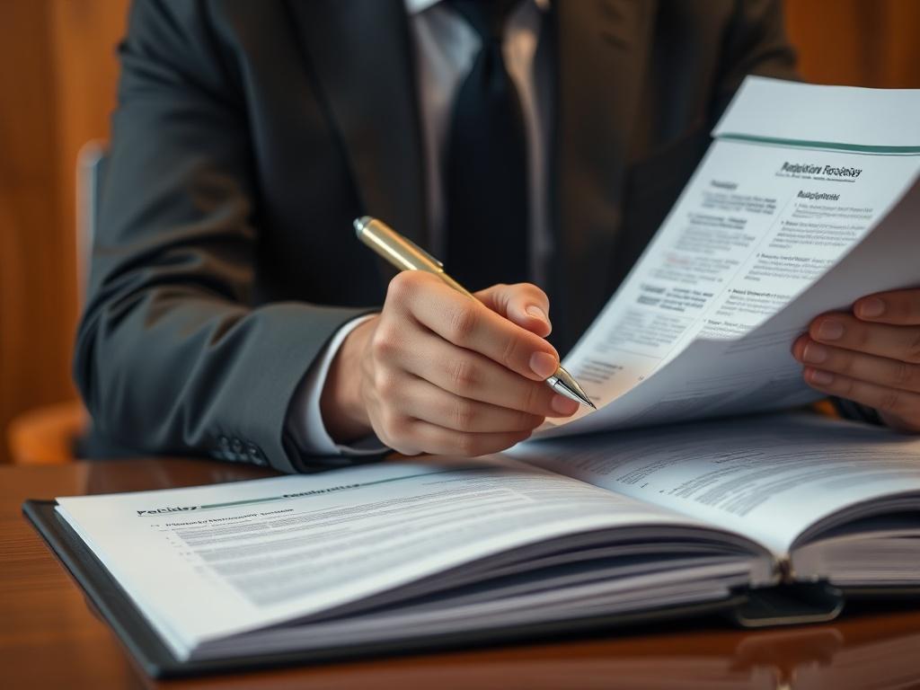 A close-up shot of a professional consultant sitting at a desk, reviewing a binder filled with policies and procedures documents. The consultant is focused and engaged, with a pen in hand, ready to provide guidance. The background is softly blurred to emphasize the consultant and the documents, creating a sense of professionalism and detail. The color scheme includes warm tones, reflecting the primary color rgb(243, 153, 62).