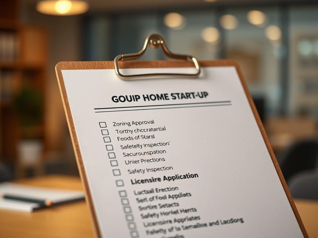 A close-up shot of a clipboard with a detailed checklist on it, focusing on items related to group home start-up, such as 'Zoning Approval', 'Safety Inspection', and 'Licensure Application'. The background should be a well-lit office environment, emphasizing professionalism and organization. The clipboard should be the main subject, with a shallow depth of field to keep the focus on the checklist.