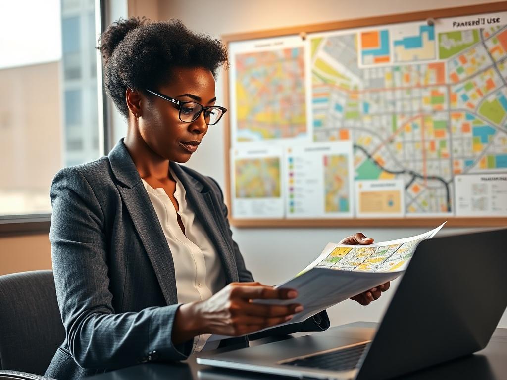 A hyper-realistic close-up shot of a consultant reviewing zoning maps and permitted use documents in a well-lit office setting. The consultant, a middle-aged African American woman, is focused on the task, with a notepad and a laptop open beside her. The background should have a clear view of a bulletin board with zoning regulations and city maps, all rendered in vibrant colors that complement the primary color rgb(50, 170, 39). The lighting is warm and inviting, highlighting the professionalism and attenti