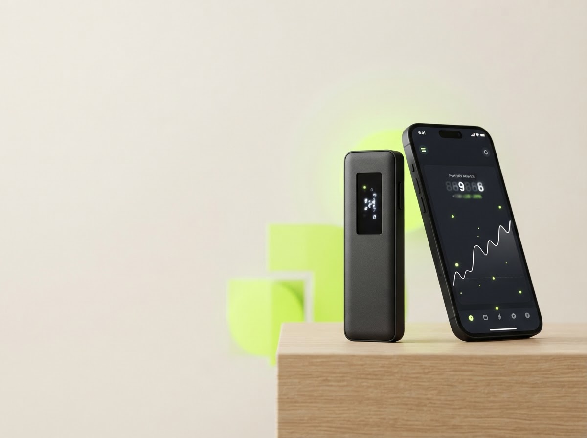 A Trezor-style hardware wallet beside a smartphone showing a wallet app
