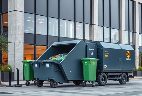 Professional commercial waste collection showing a business building with waste management service