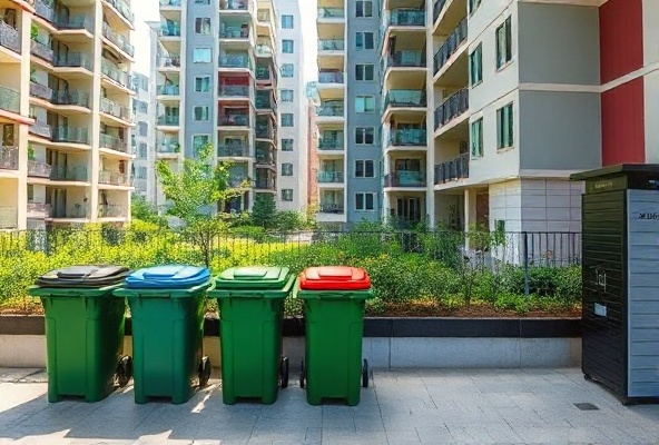 Professional apartment complex with multiple waste bins and trash collection area
