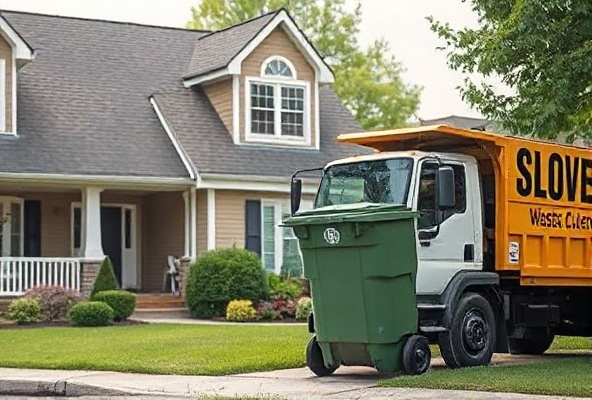 Professional residential waste collection with family home and trash pickup truck