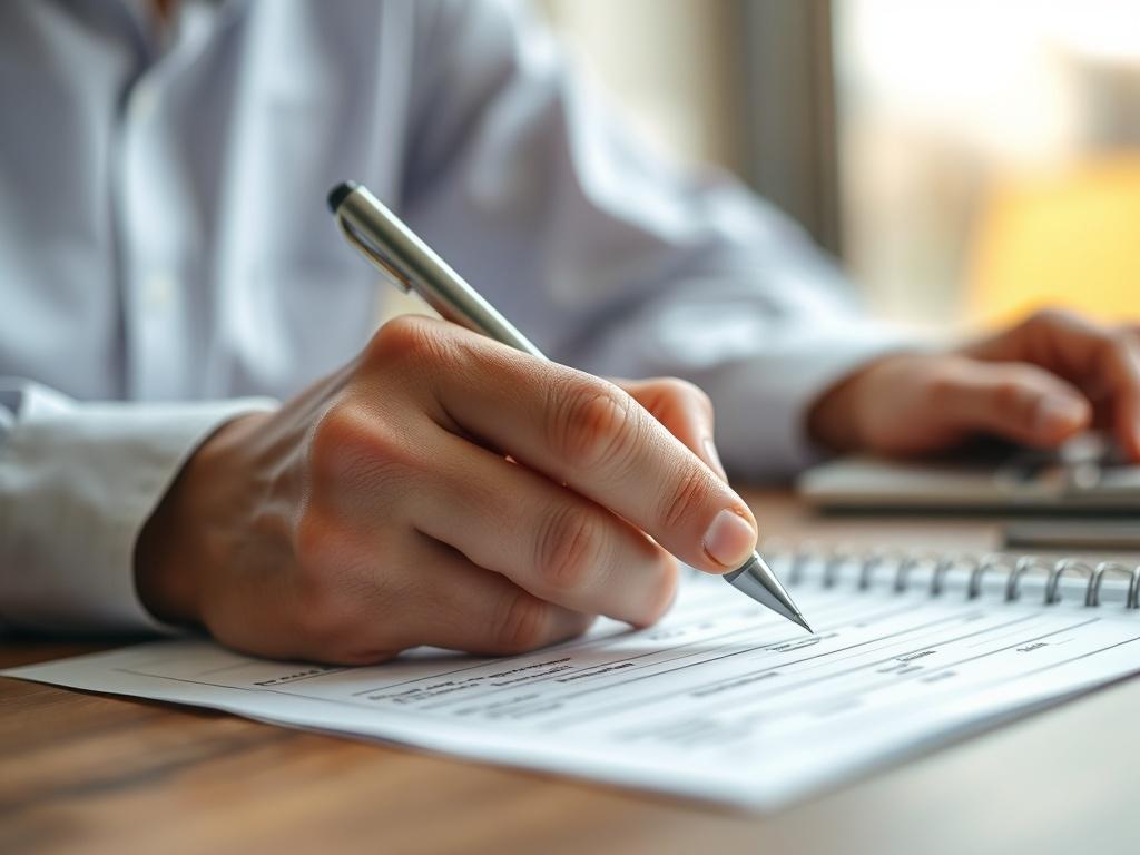 A close up shot of a person filling out a