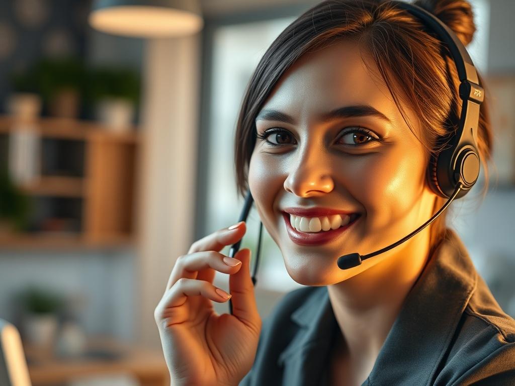 A close up shot of a customer support representative speaking