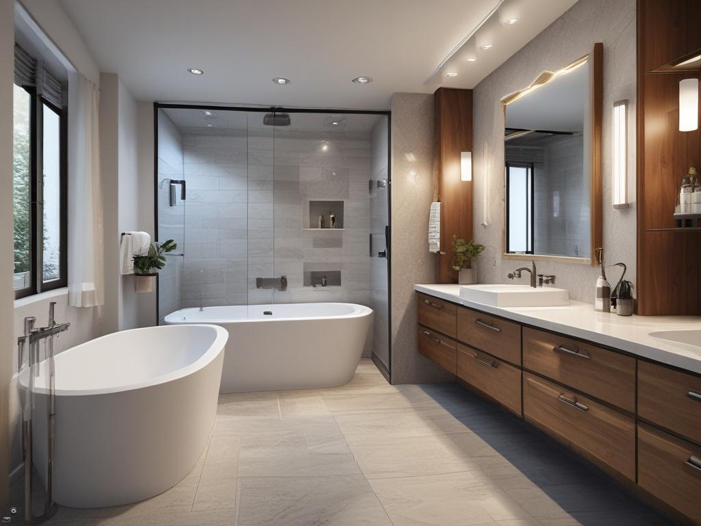 A beautifully remodeled bathroom showcasing modern design elements. The image features a spacious layout with a freestanding soaking tub, a sleek glass shower enclosure, and elegant fixtures. Soft, ambient lighting creates a warm atmosphere, highlighting the high-quality materials like marble countertops and polished chrome faucets. The background shows a stylish vanity with a large mirror, and the color palette incorporates soothing neutral tones, complemented by lush green plants for a touch of nature.