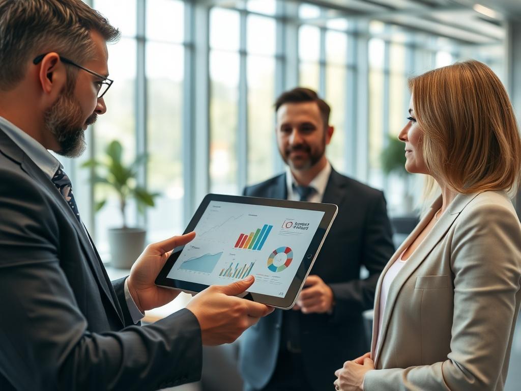 A hyper-realistic close-up shot of a professional consultant engaged in a discussion with a client. The consultant is pointing at a digital tablet displaying business analytics and strategies. The background is a sleek, modern office environment, with natural light pouring in through large windows, creating a bright and inviting atmosphere.