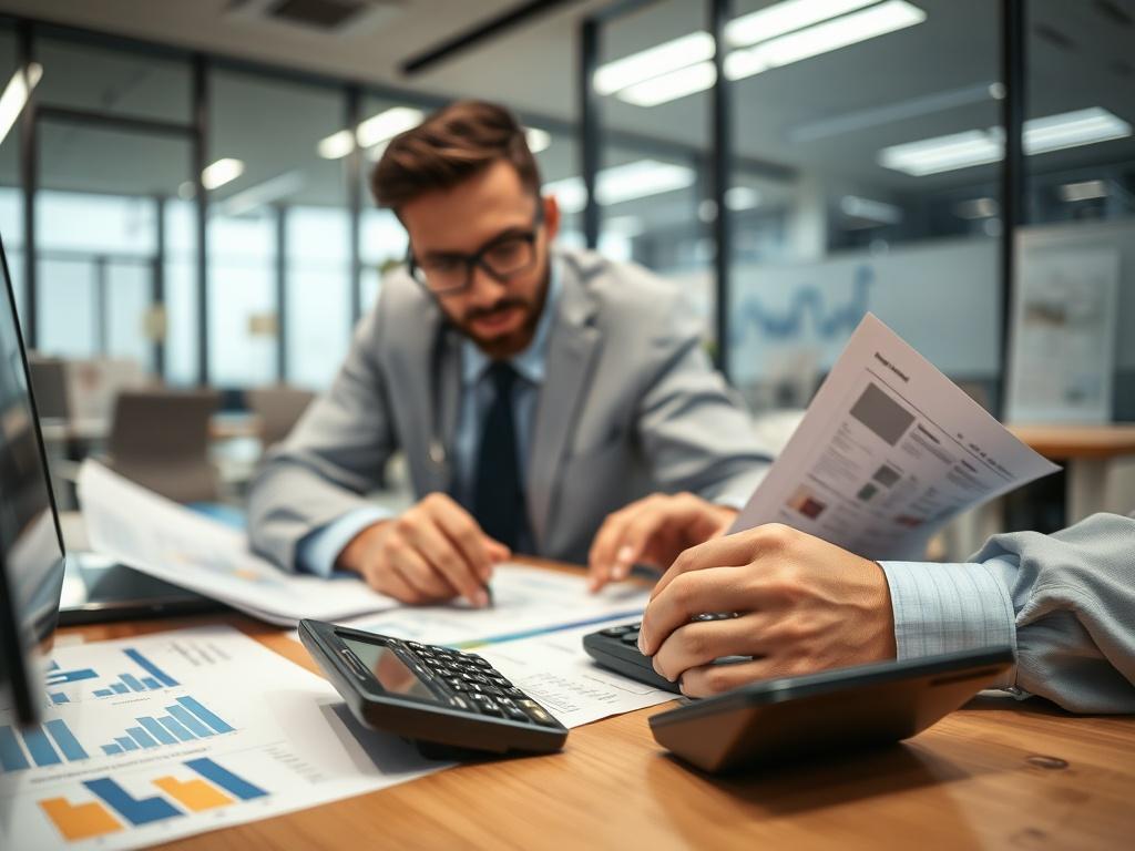 A close-up shot of a professional appraiser analyzing property documents and using a calculator on a desk, with a modern office background. The appraiser is focused and engaged, surrounded by charts and valuation reports. The lighting is bright and the overall atmosphere conveys professionalism and expertise. The image is shot with a 45mm f/1.2 lens, emphasizing the subject clearly.