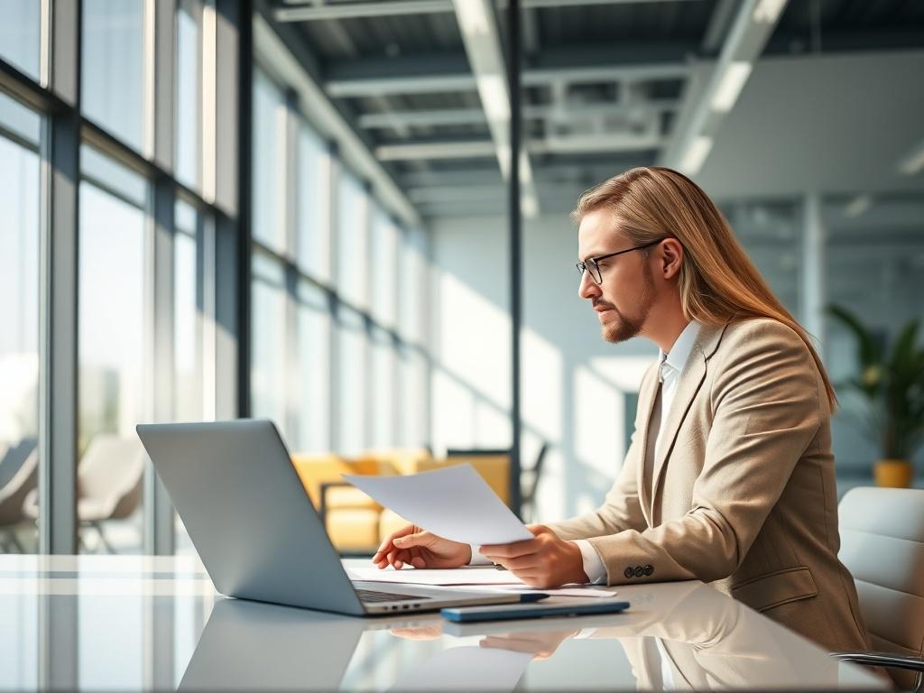 A professional consulting office environment, featuring a well dressed consultant