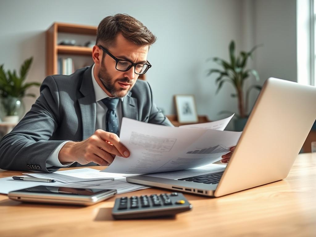 A professional appraiser analyzing property documents in an office setting,