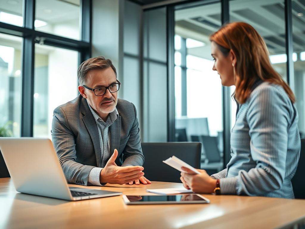 A business consultant discussing strategies with a client in a