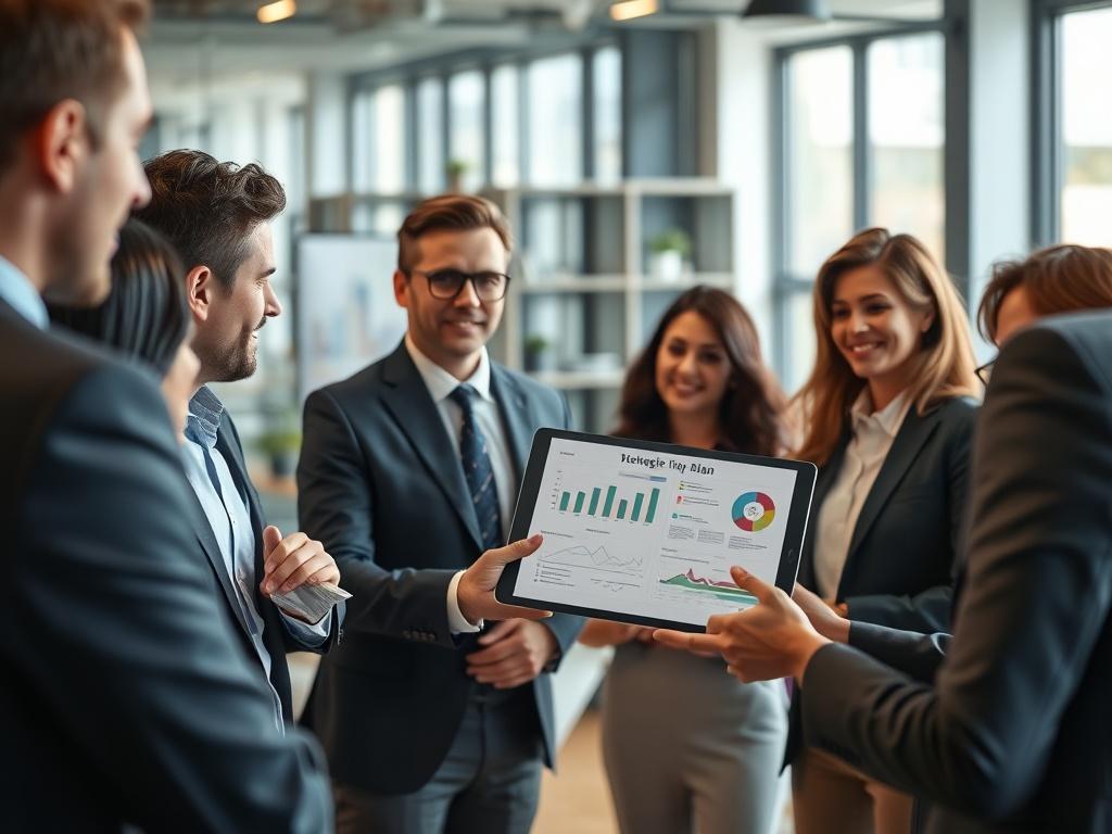 A focused shot of a business consultant presenting a strategic