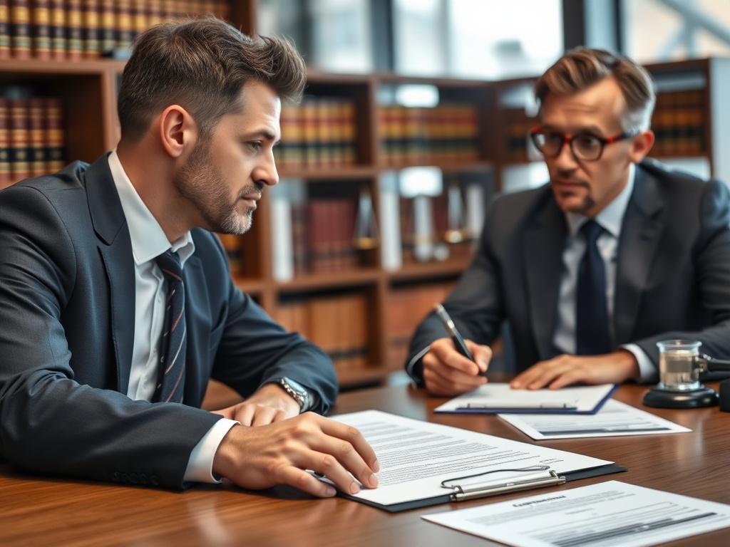 A detailed shot of a legal advisor reviewing a contract