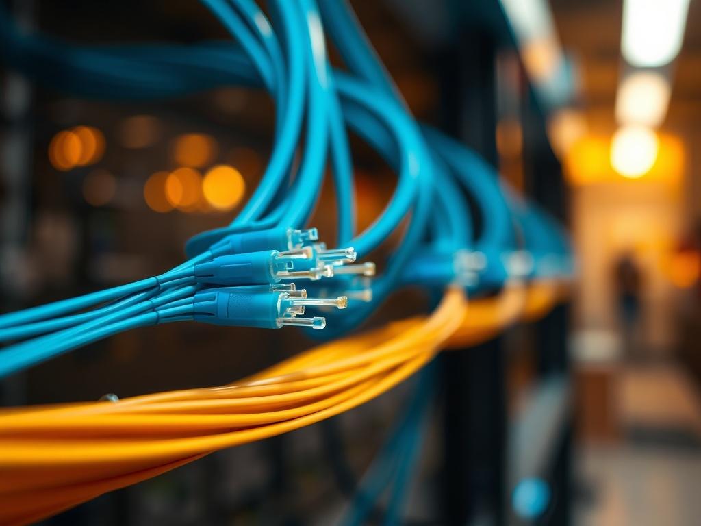 A hyper-realistic close-up shot of a modern fiber optic cable installation in a professional setting. The focus should be on the fiber optic cables, showcasing their vibrant colors and intricate details. The background should be blurred to emphasize the cables, with a warm light illuminating the scene, conveying a sense of advanced technology and connectivity.
