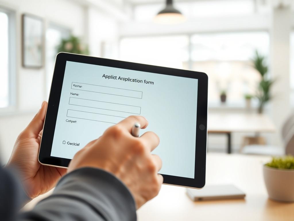 A close-up of a digital application form displayed on a tablet, with a user filling it out in a bright and welcoming office setting. The image captures the simplicity and ease of the application process, showcasing a friendly environment and emphasizing digital connectivity. Shot with a 45mm f/1.2 lens for a hyper-realistic look.